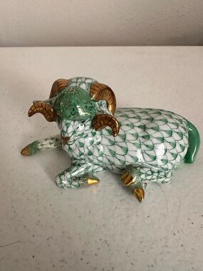 Herend Green Fishnet Porcelain Ram with Gold Accents